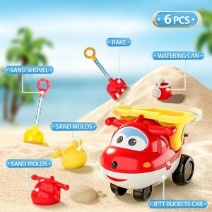 Beach Sand Toys | Super Wings Exclusive 6Pcs Jett Car Summer Beach Set Buckets Car Sand Shovel Molds Rake Watering Can Water Play Toys Beach Sand Toys Beach Sand Toys