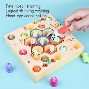 Fishing Toys | 3-In-1 Wooden Montessori Toy Fishing Clip Bee Rainbow Ball Elimination Chess Logic Game Multifunctional Board Education Toy Fishing Toys Fishing Toys