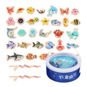 Fishing Toys | Magnetic Fishing Game Cartoon Ocean Animal Building Blocks Marine Life Cognition Fish Games Wooden Bucket Ocean Fishing Toys Fishing Toys Fishing Toys