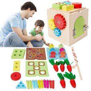 Fishing Toys | Wooden Activity Cube 9 In 1 Sensory Board Shape Sorter Fishing Game Montessori Educational Toy Great Gift For Learning Fishing Toys Fishing Toys