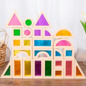 Stacking Blocks | 25Pcs Stacking Blocks Montessori Wooden Toy Sensory Rainbow Mirror Blocks Wood Stacking For Parent Game Gifts Decor Building & Construction Toys Stacking Blocks