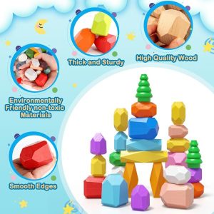 Stacking Blocks | 40Pcs Wooden Stacking Rocks Toys, Montessori Toys For 1 2 3 Year Old, Stacking Toys , Sensory Stem Preschool Learnin Building & Construction Toys Stacking Blocks