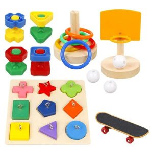 Stacking Blocks | 5 Pcs Bird Parrot Training Toys Set Include Wooden Block Puzzle Toy Basketball Stacking Rings Skateboard Nuts And Bolts Toy Building & Construction Toys Stacking Blocks