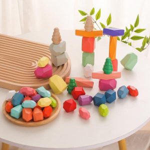 Stacking Blocks | Montessori Wooden Building Blocks Set Colored Stone Creative Educational Toys Stacking Game Rainbow Stone Toys Gifts Building & Construction Toys Stacking Blocks