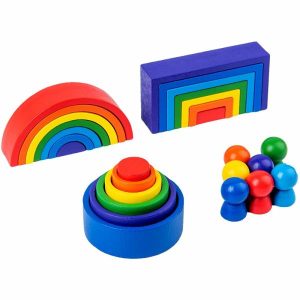 Stacking Blocks | Rainbow Blocks Stacker 3 Set Natural Wood Stacking Toy Rainbow Building Block Education Kindergarten Supplies Game Building & Construction Toys Stacking Blocks