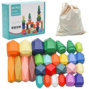 Stacking Blocks | Wooden Rainbow Stones Building Blocks Colorful Wood Block Stacker Balancing Games Montessori Educational Toys For Gifts Building & Construction Toys Stacking Blocks