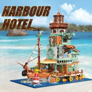 Wooden Blocks | Creative Harbour Hotel Old Fishing House Ship Model Building Blocks Street View Lighthouse Houseboat With Light Mini Bricks Toys Building & Construction Toys Wooden Blocks