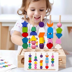 Wooden Blocks | Montessori Wooden Toys Colorful Beaded Shape Matching Shape Stacker Puzzle Game Toys Color Educational Cognition Toys Building & Construction Toys Wooden Blocks