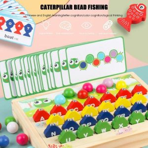 Fishing Toys | Wooden Fishing Game Toy Wooden Board Bead Game Magnetic Caterpillar Design Clip Bead Game Wooden Pegboard Beads Game Fishing Toys Fishing Toys