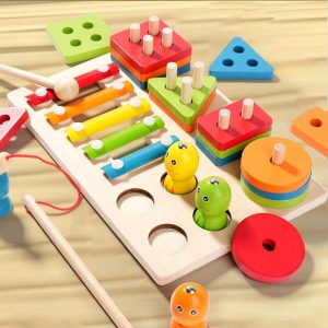 Wooden Blocks | Wooden Early Education 3-In-1 Fishing Tap Geometry Paired Building Block Toys Montessori Building & Construction Toys Wooden Blocks