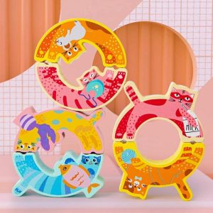 Stacking Blocks | Wooden Kitten Balance Building Blocks Diy Stacking Toy Wooden Blocks Toys Colorful Stacking Wood Blocks Block Toys Building & Construction Toys Stacking Blocks